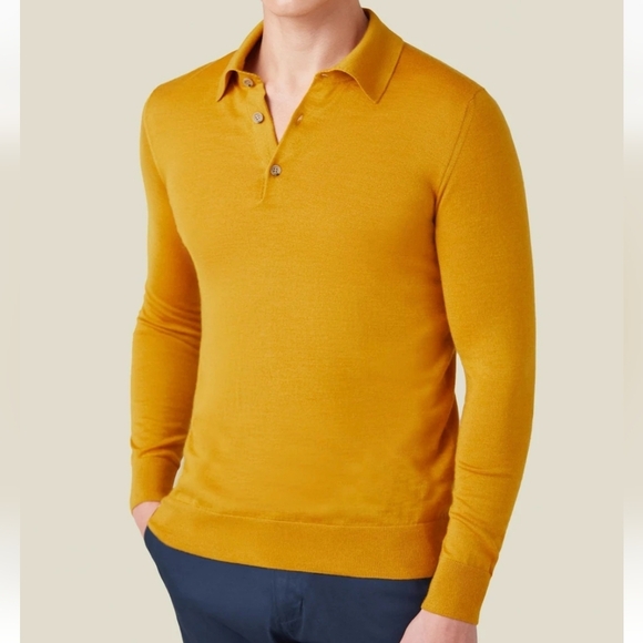 Vibrant Yellow Slim Fit Polo Knitted Shirt, Silk/Cashmere Colour: Mustard,$395 - Picture 1 of 9